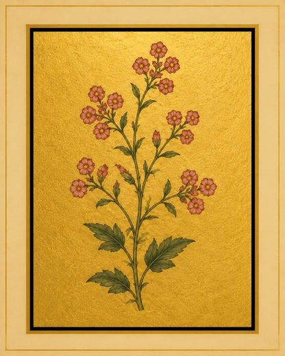 Small rose-pink flowers cluster along branching stems above serrated green leaves. Gold-ground botanical art.