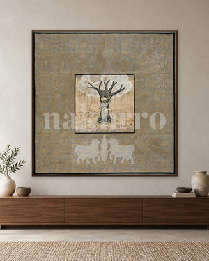 Tree of Life on a Muted Geometric Field — slim-frame room mockup 1 with Nakhrro watermark