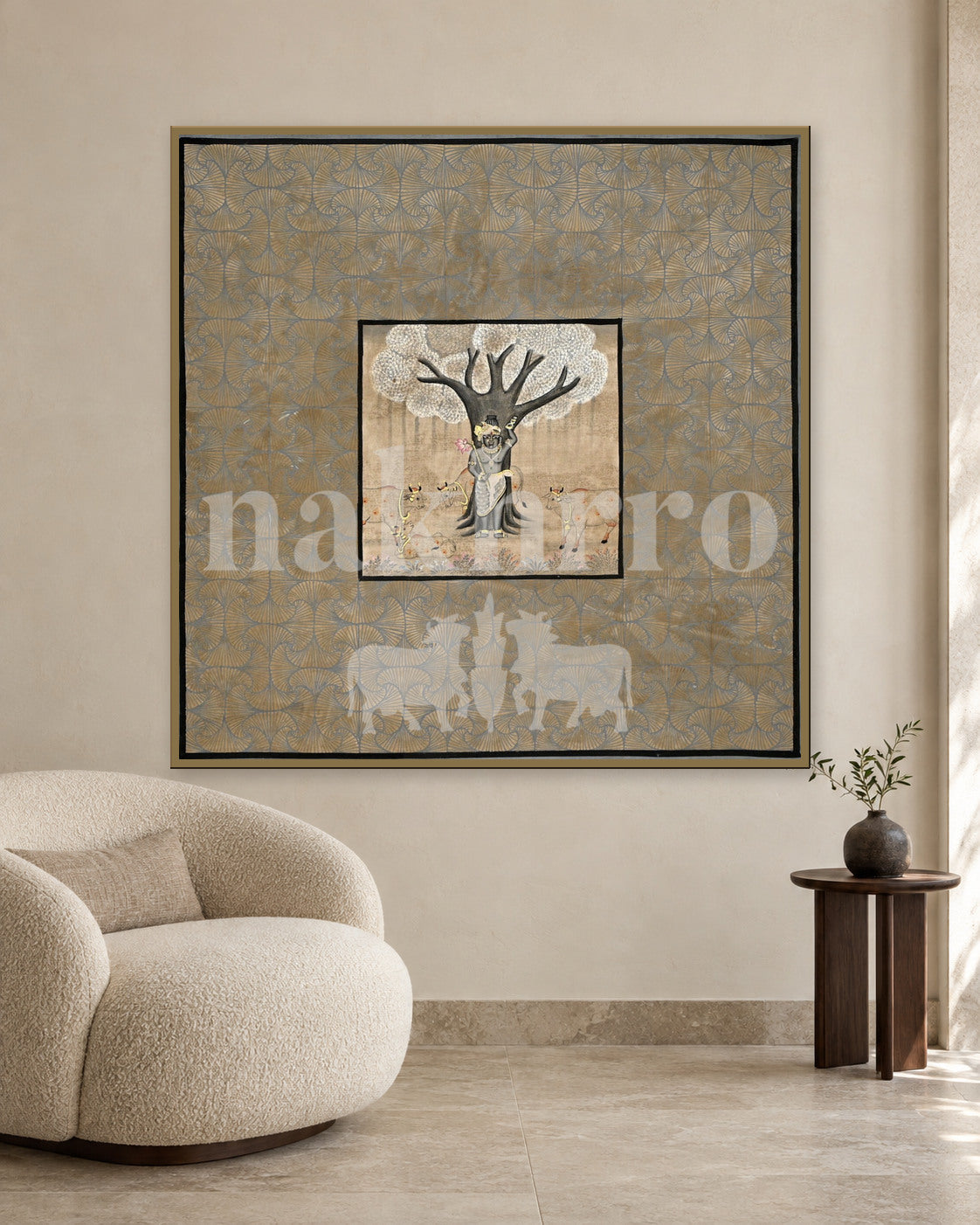 Tree of Life on a Muted Geometric Field — slim-frame room mockup 2 with Nakhrro watermark