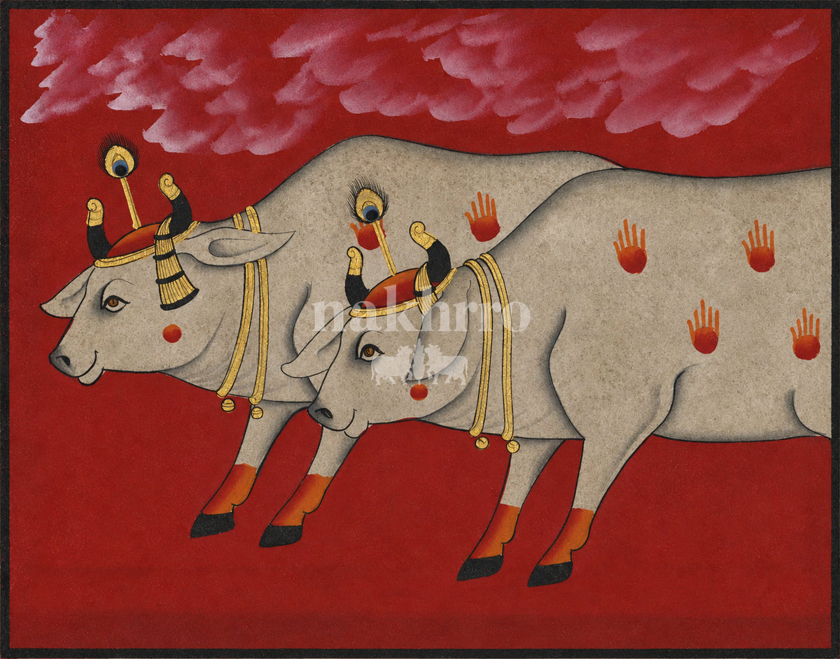 Twin Cows beneath Crimson Clouds | Pichwai Museum-Grade Art Print