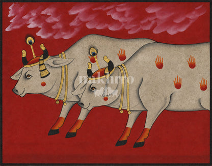 Twin Cows beneath Crimson Clouds | Pichwai Museum-Grade Art Print