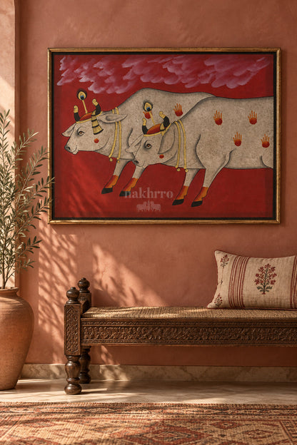 Twin Cows beneath Crimson Clouds — room view 1