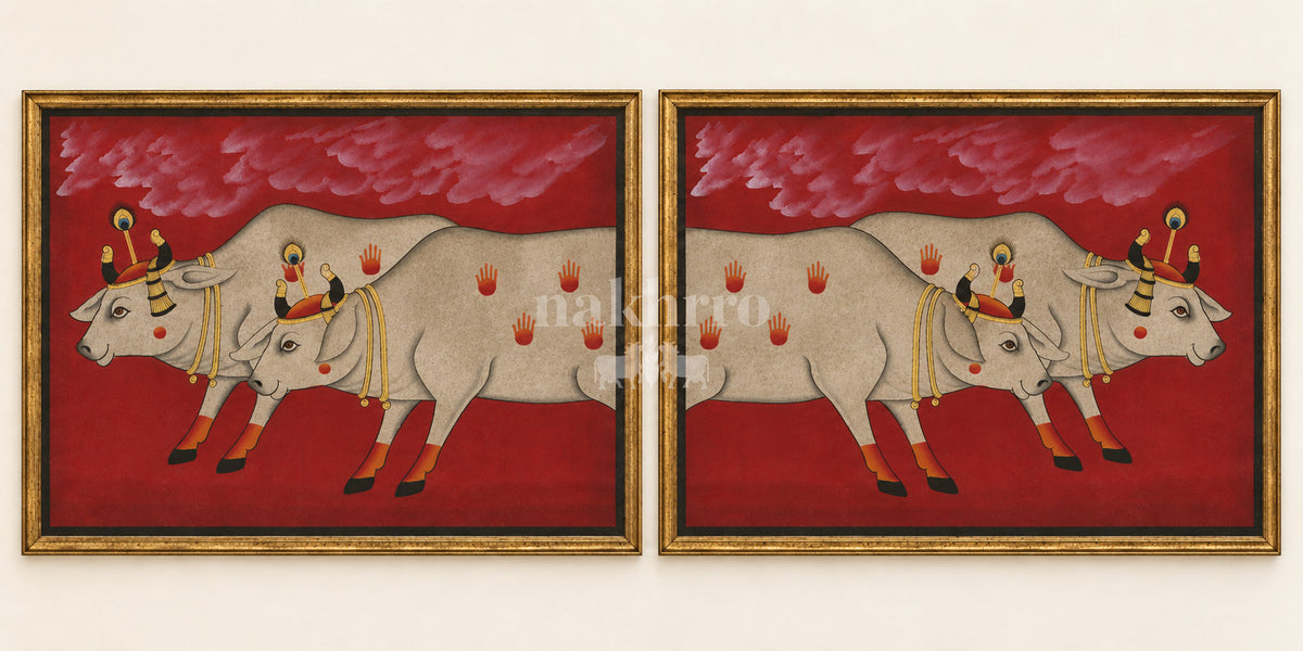 Twin Cows beneath Crimson Clouds | Mirrored Pichwai Gallery Wall Set of Two