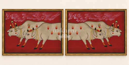 Twin Cows beneath Crimson Clouds | Mirrored Pichwai Gallery Wall Set of Two