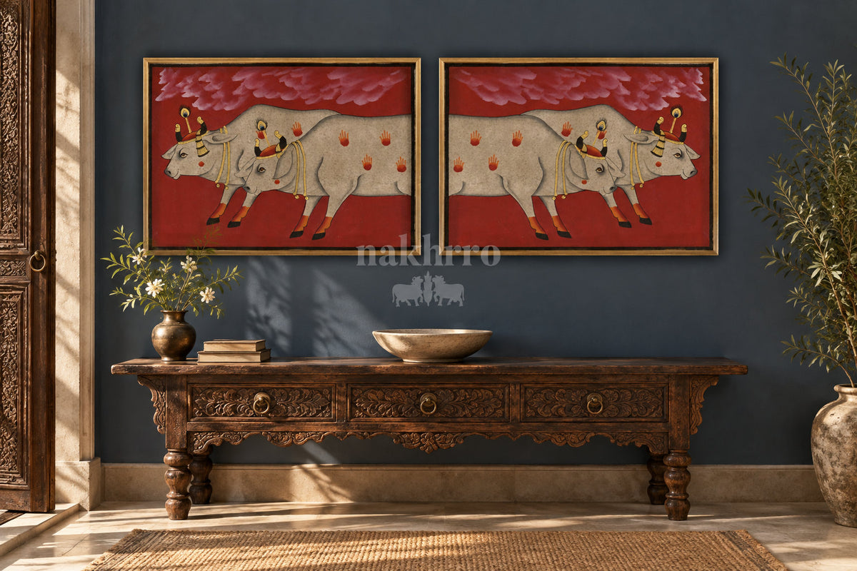 Twin Cows beneath Crimson Clouds — gallery wall room view 1