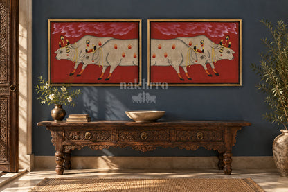 Twin Cows beneath Crimson Clouds — gallery wall room view 1