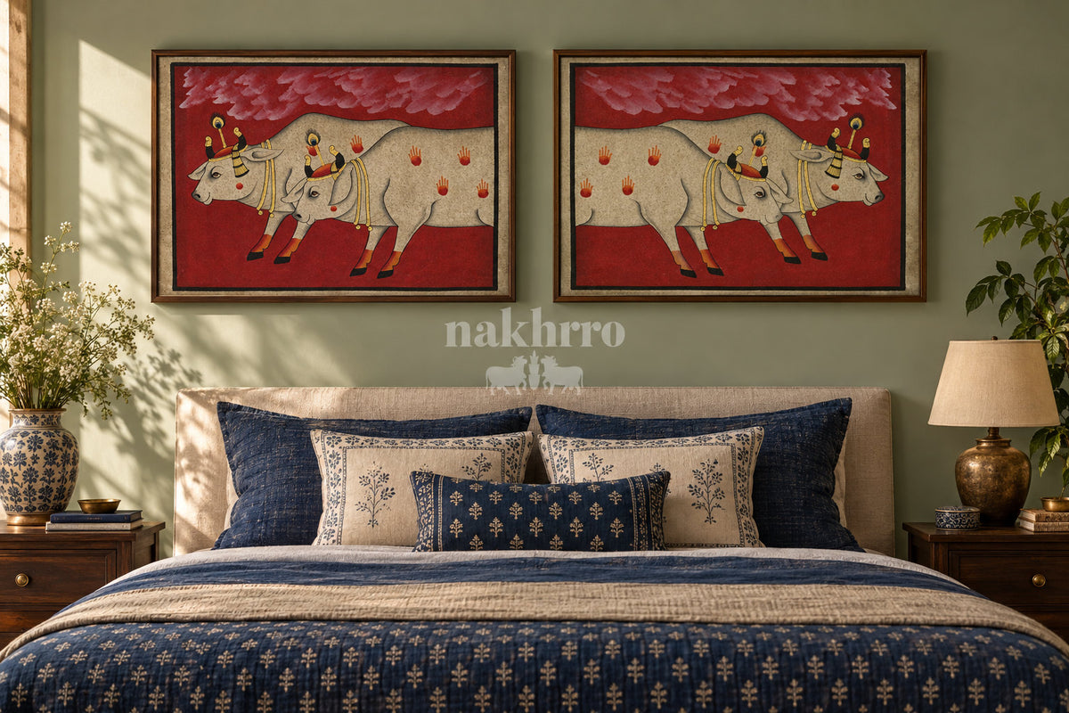 Twin Cows beneath Crimson Clouds — gallery wall room view 2