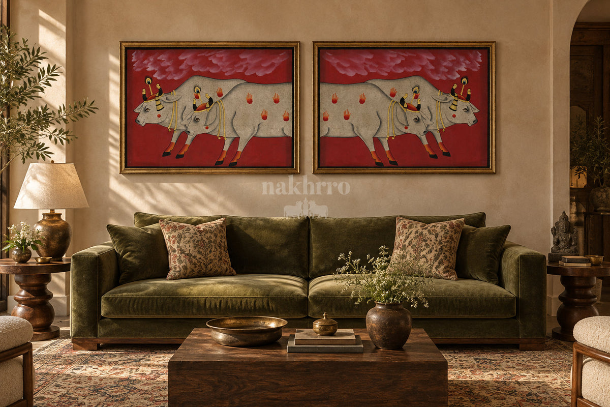 Twin Cows beneath Crimson Clouds — gallery wall room view 3
