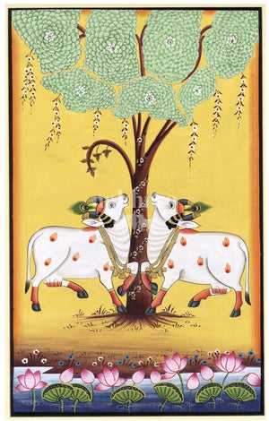 Twin sacred cows beneath a Tree of Life Pichwai art print