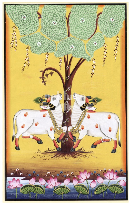 Twin sacred cows beneath a Tree of Life Pichwai art print