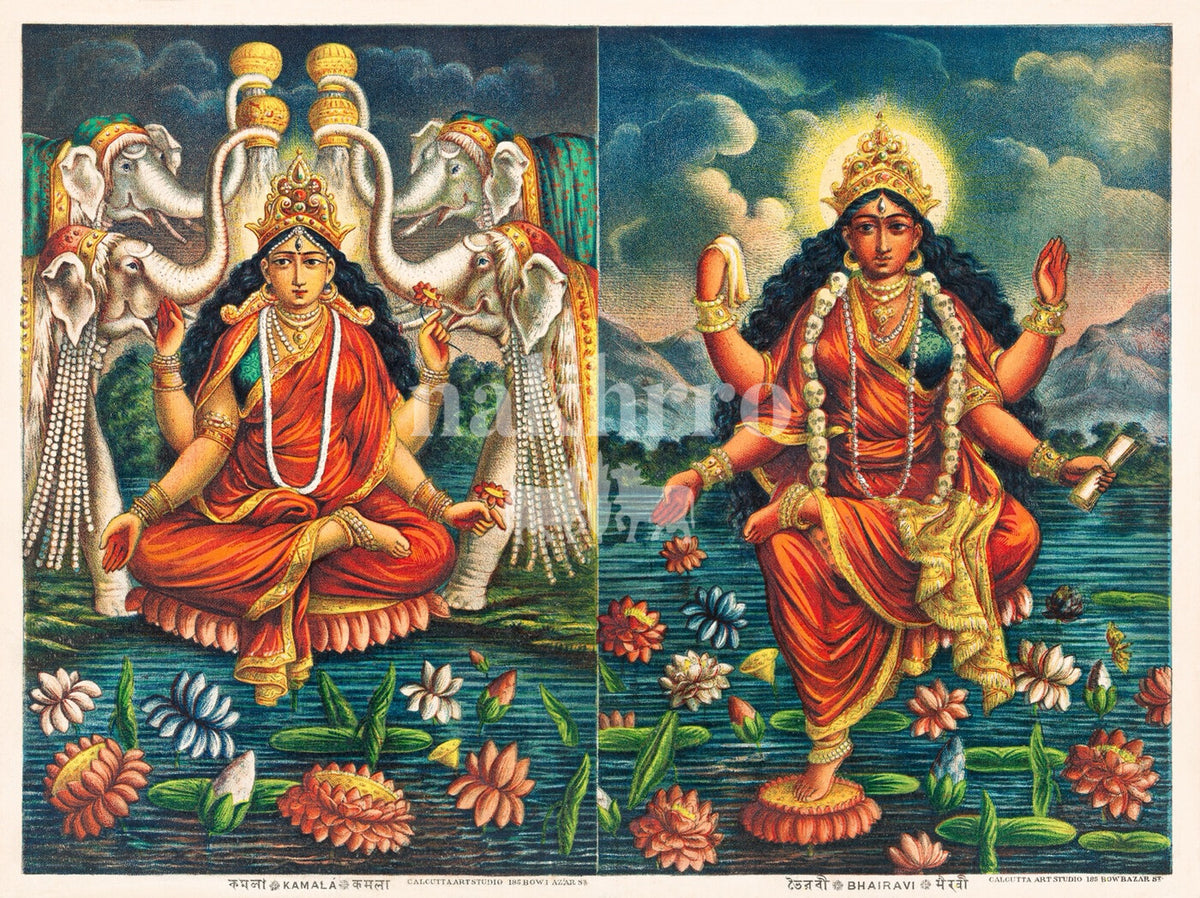 Two vintage depictions of Goddess Lakshmi with elephants and lotuses
