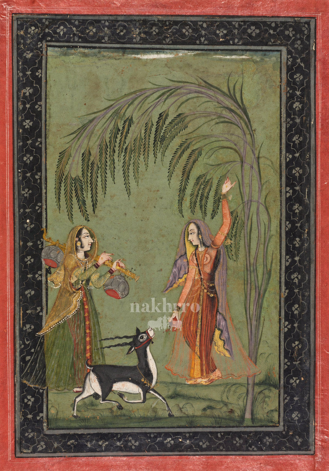 Two Women with a Blackbuck beneath a Willow – museum-grade Indian miniature art print