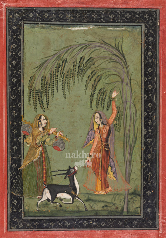Two Women with a Blackbuck beneath a Willow – museum-grade Indian miniature art print