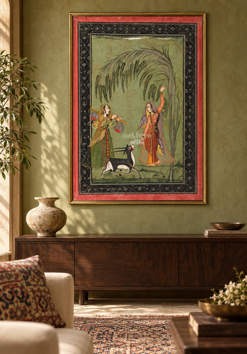 Two Women with a Blackbuck beneath a Willow – luxury framed room view 1