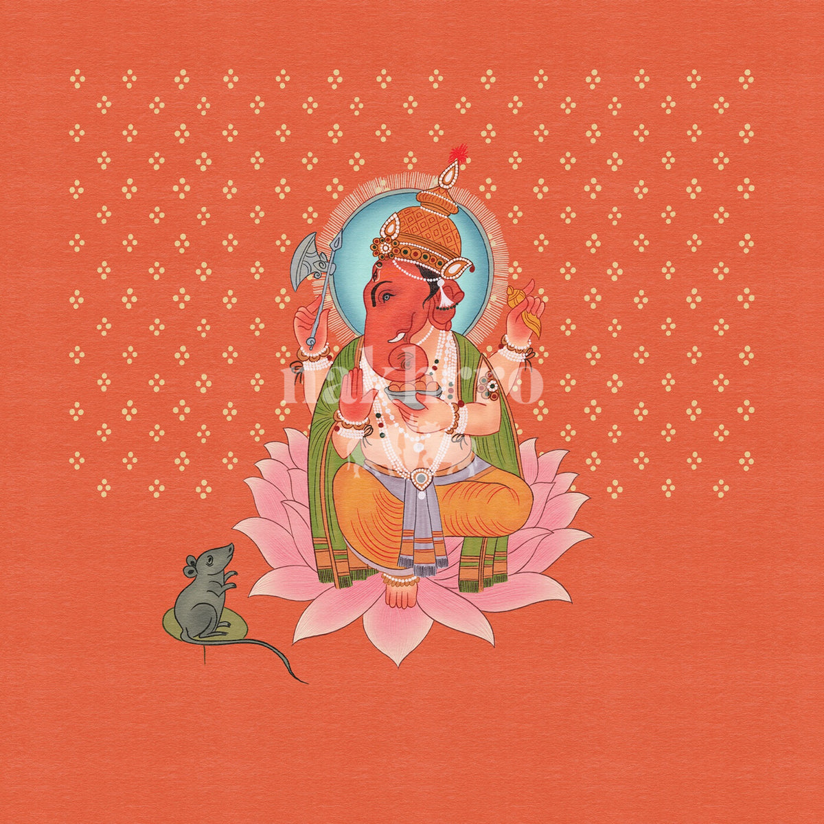 Ganesha seated on a lotus against a vivid vermilion background