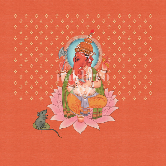 Ganesha seated on a lotus against a vivid vermilion background