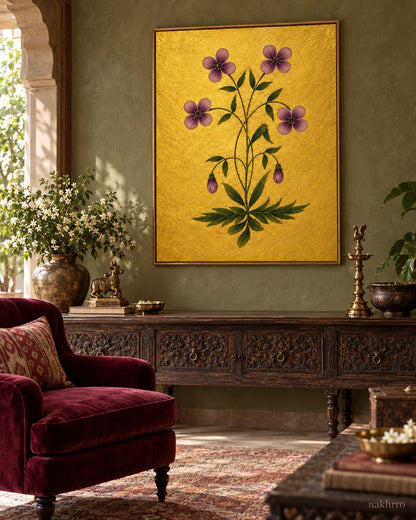 Violet Five-Petal Flowers on Gold | Mughal Botanical Art Print in a styled room