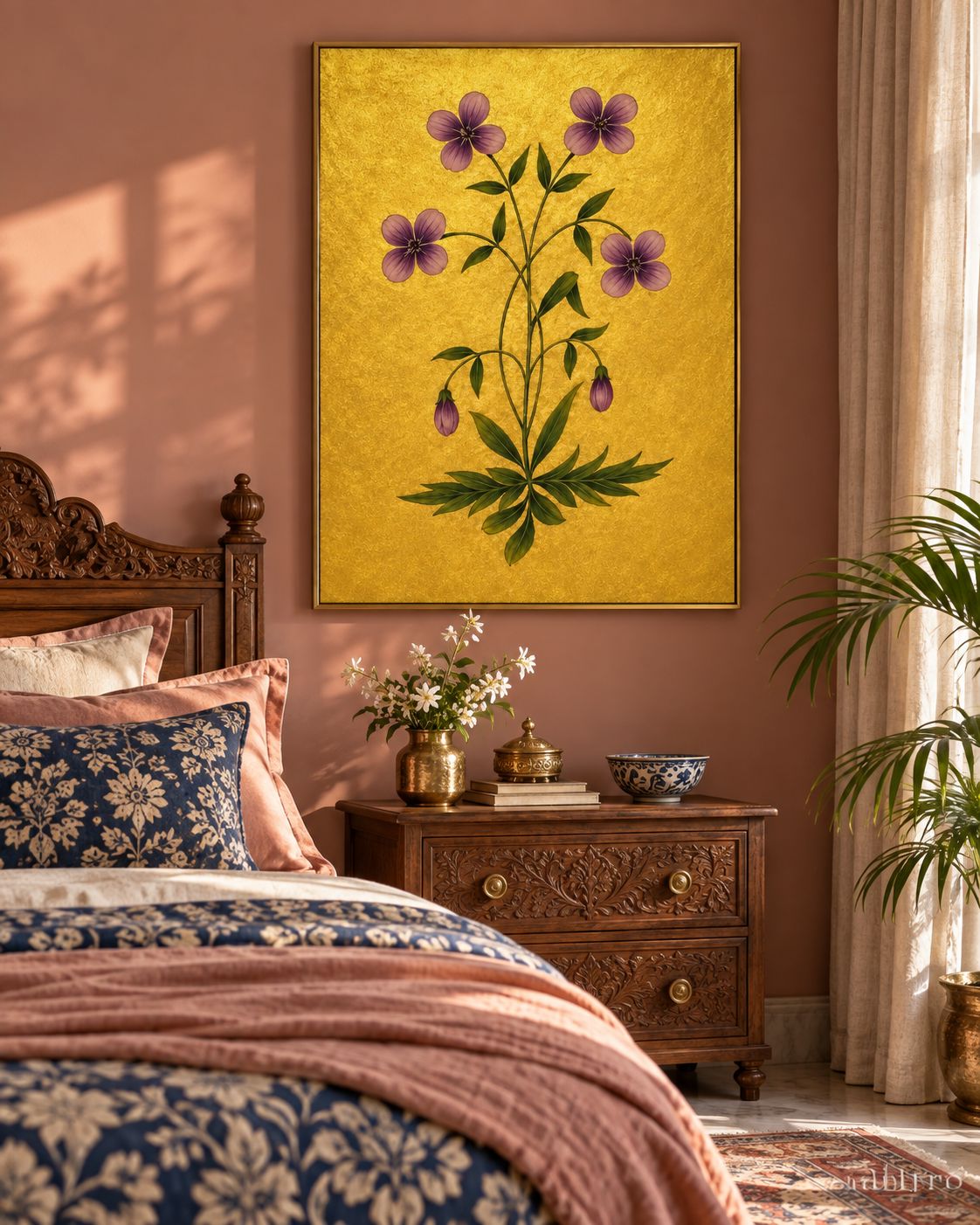 Violet Five-Petal Flowers on Gold | Mughal Botanical Art Print in a styled room
