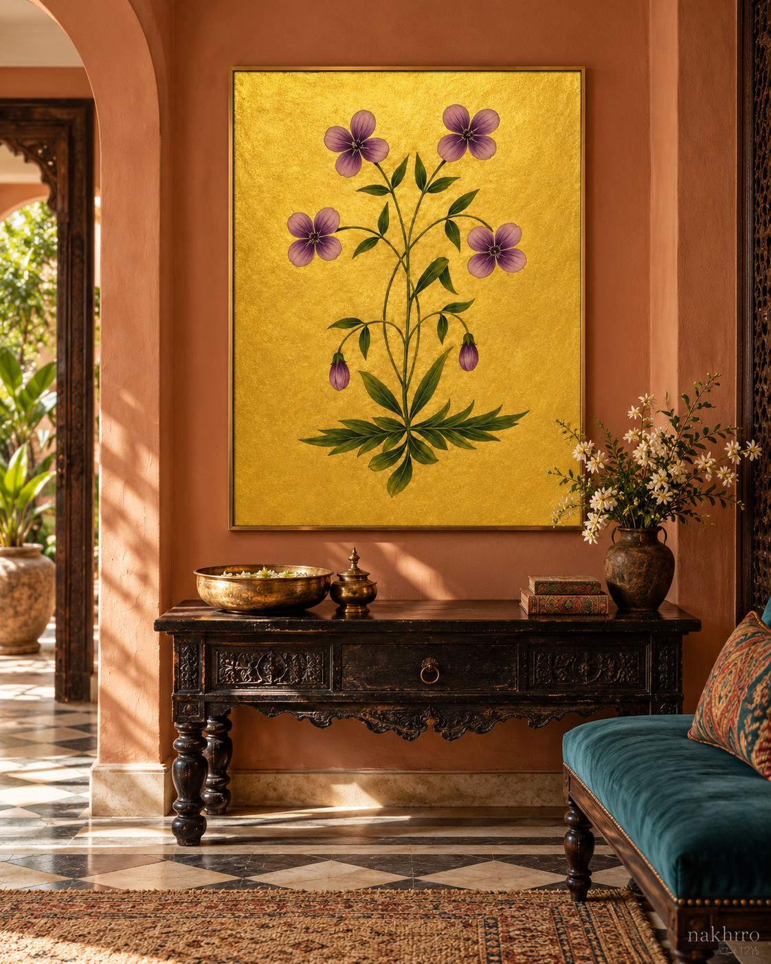 Violet Five-Petal Flowers on Gold | Mughal Botanical Art Print in a styled room