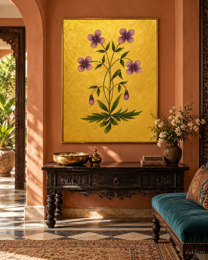 Violet Five-Petal Flowers on Gold | Mughal Botanical Art Print in a styled room