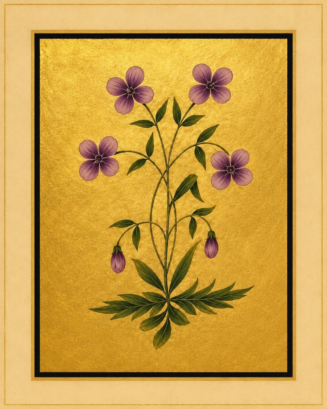 Four violet five-petalled flowers and hanging buds form a slender botanical spray. Gold-ground botanical art.