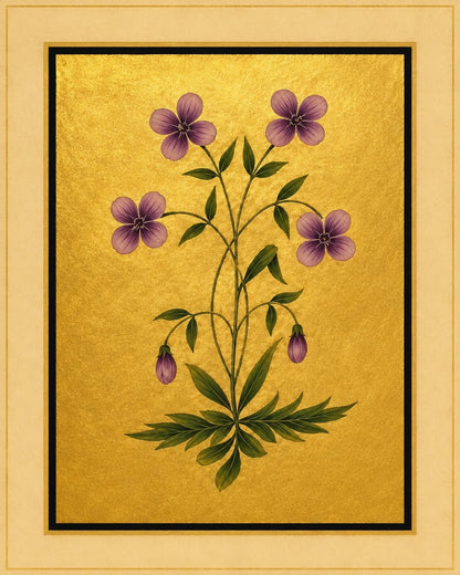 Four violet five-petalled flowers and hanging buds form a slender botanical spray. Gold-ground botanical art.