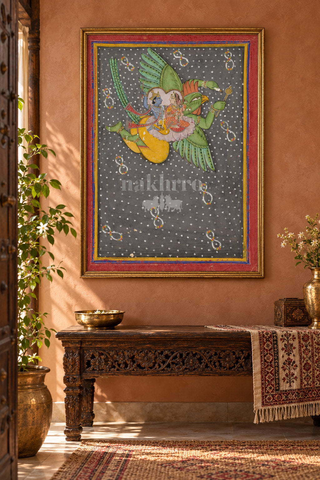 Vishnu and Lakshmi on Garuda — entryway styling mockup