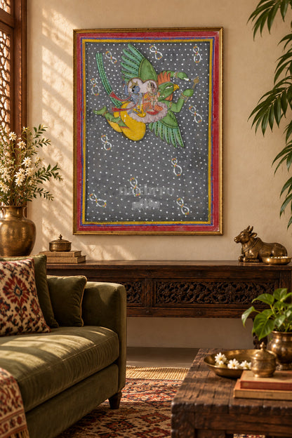 Vishnu and Lakshmi on Garuda — living room styling mockup
