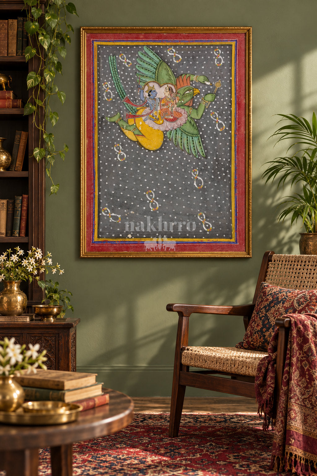 Vishnu and Lakshmi on Garuda — reading room styling mockup