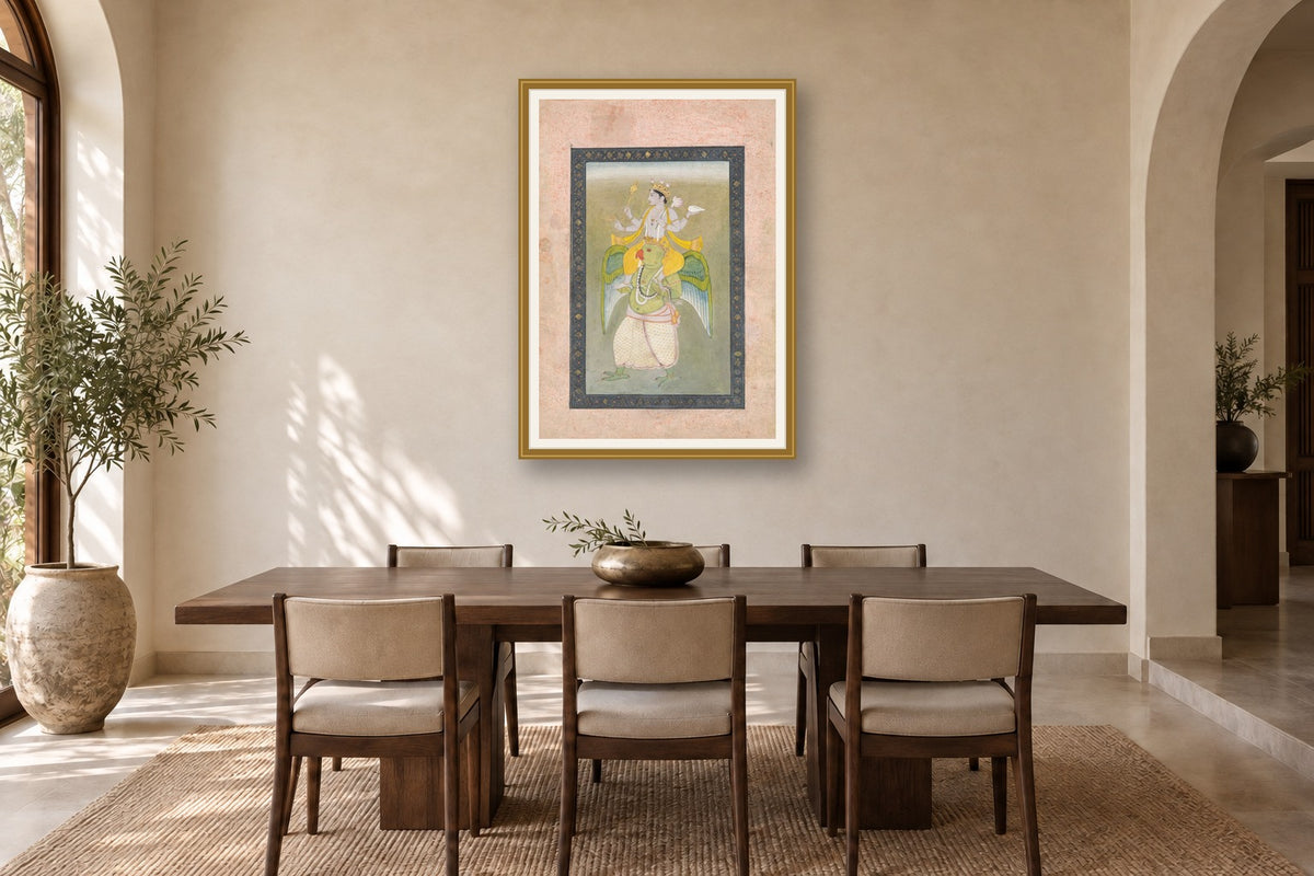 Lord Vishnu on Garuda museum-grade art print in a dining room