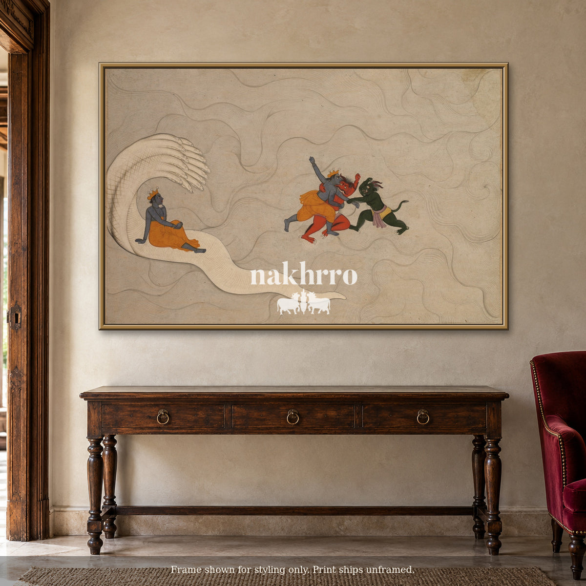 Vishnu on Shesha — The Cosmic Waters — warm foyer framed styling mockup, print ships unframed
