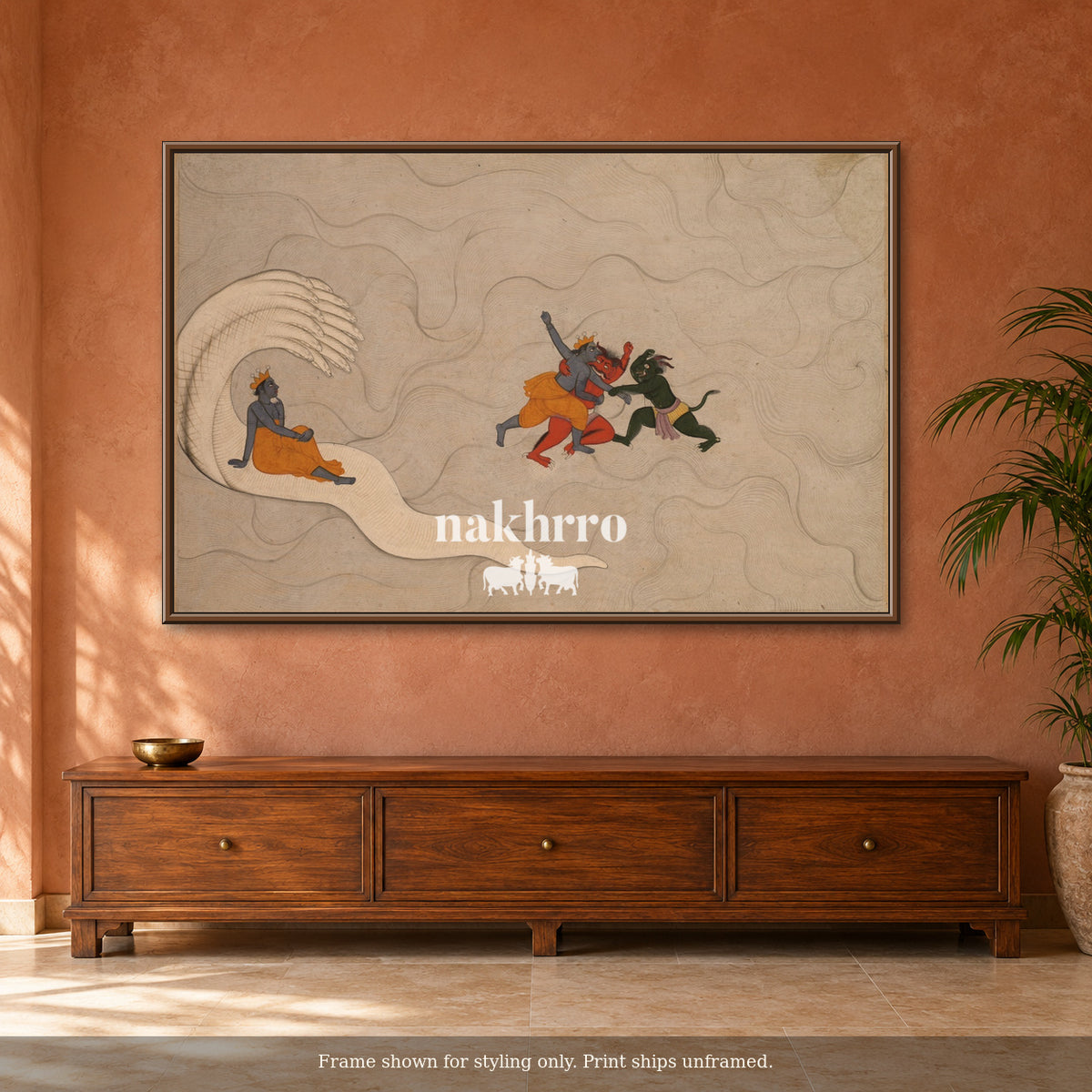 Vishnu on Shesha — The Cosmic Waters — terracotta room framed styling mockup, print ships unframed