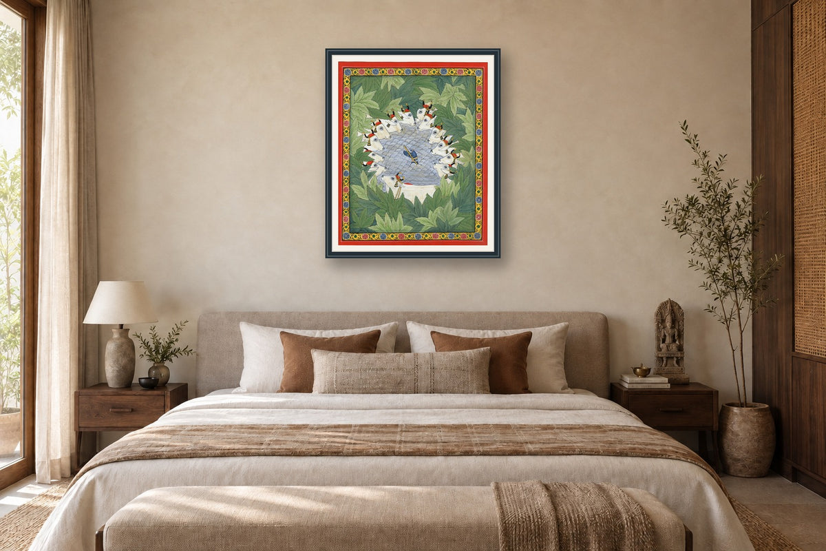 Vrindavan Raas Contemporary Geometric Pichwai styled in a premium bedroom