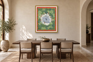Vrindavan Raas Contemporary Geometric Pichwai styled in a premium dining room