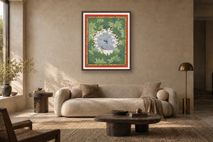 Vrindavan Raas Contemporary Geometric Pichwai styled in a premium living room