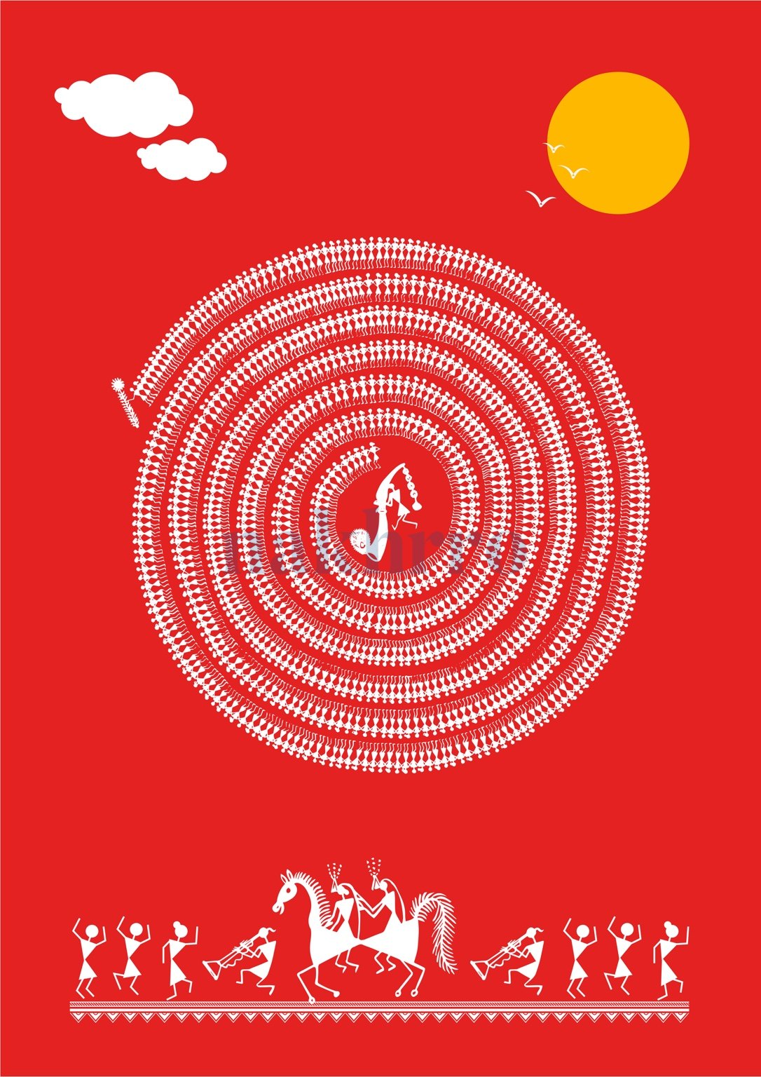 Circle of Life with Peacock — Warli museum-grade art print