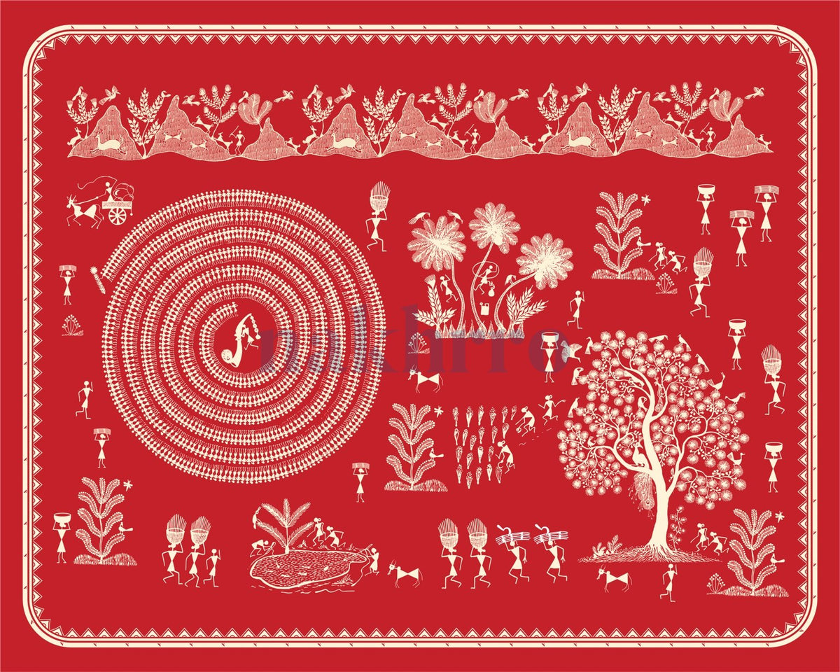 Festival Circle and Village Gardens — Warli museum-grade art print