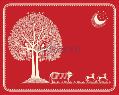 Grazing beneath the Tree of Life — Warli museum-grade art print