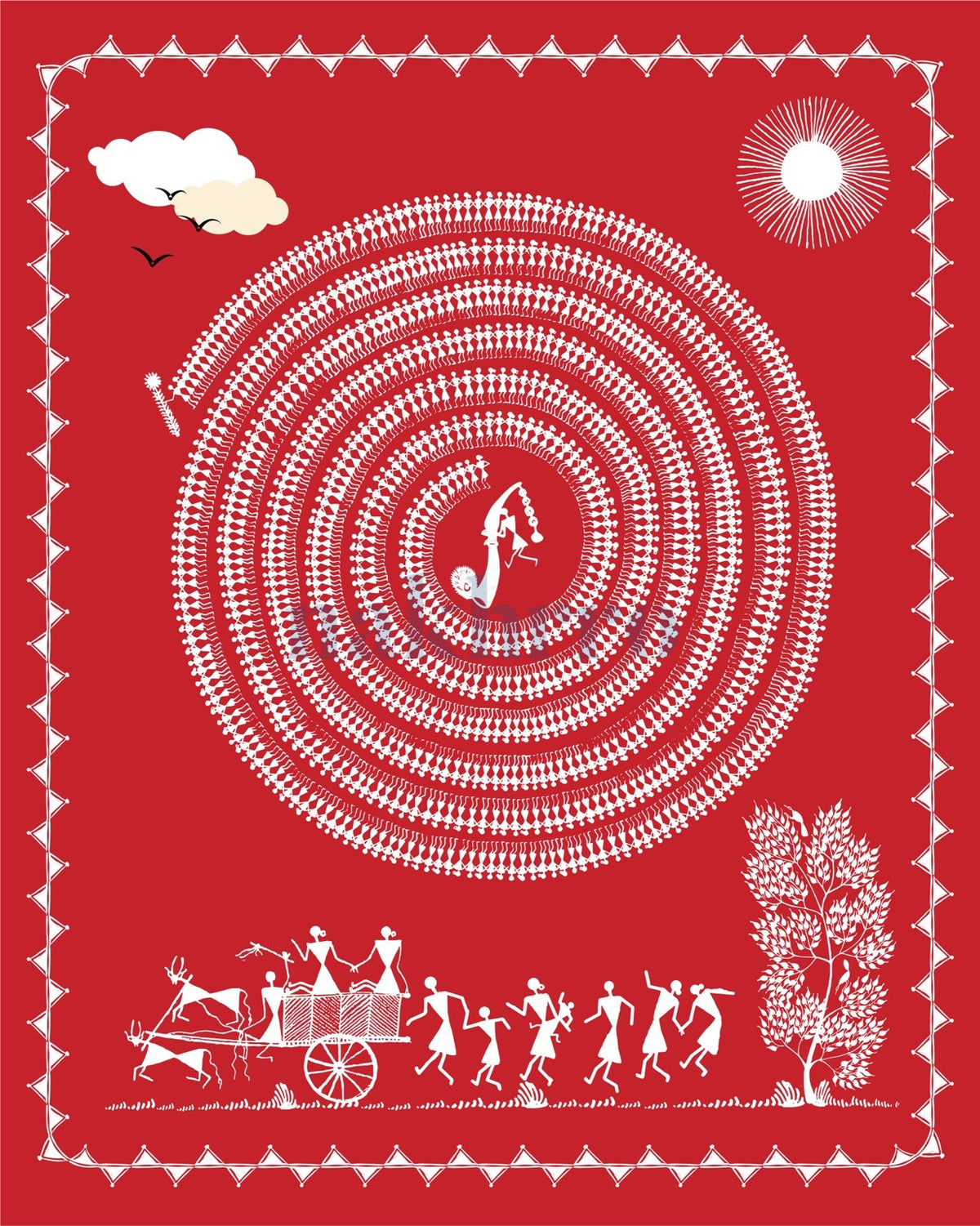 Great Dance Spiral and Procession — Warli museum-grade art print