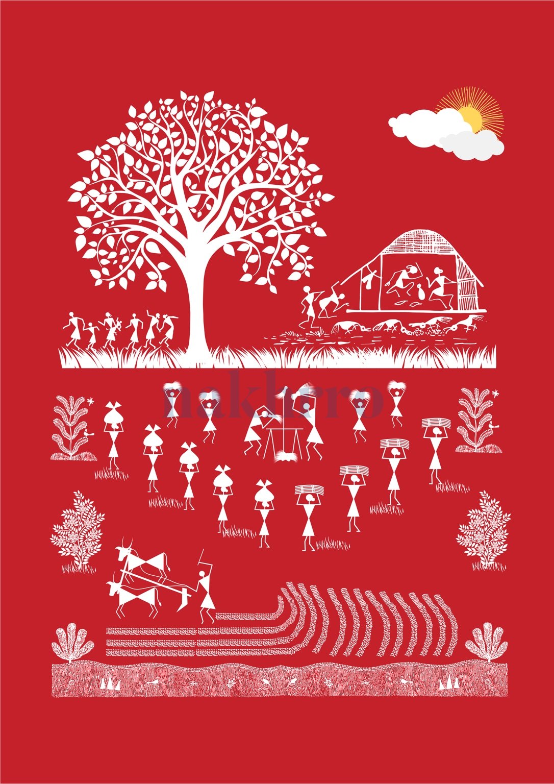 Harvest beneath the Tree — Warli museum-grade art print