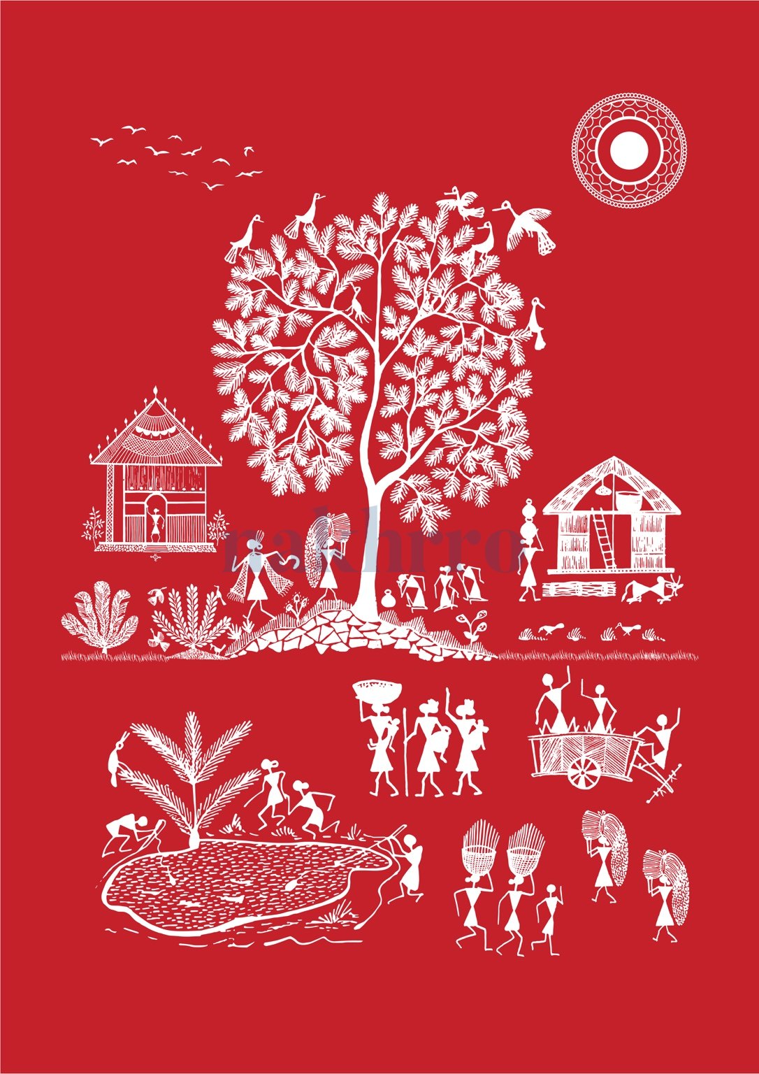 Harvest Tree and Village — Warli museum-grade art print