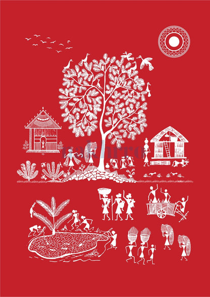 Harvest Tree and Village — Warli museum-grade art print