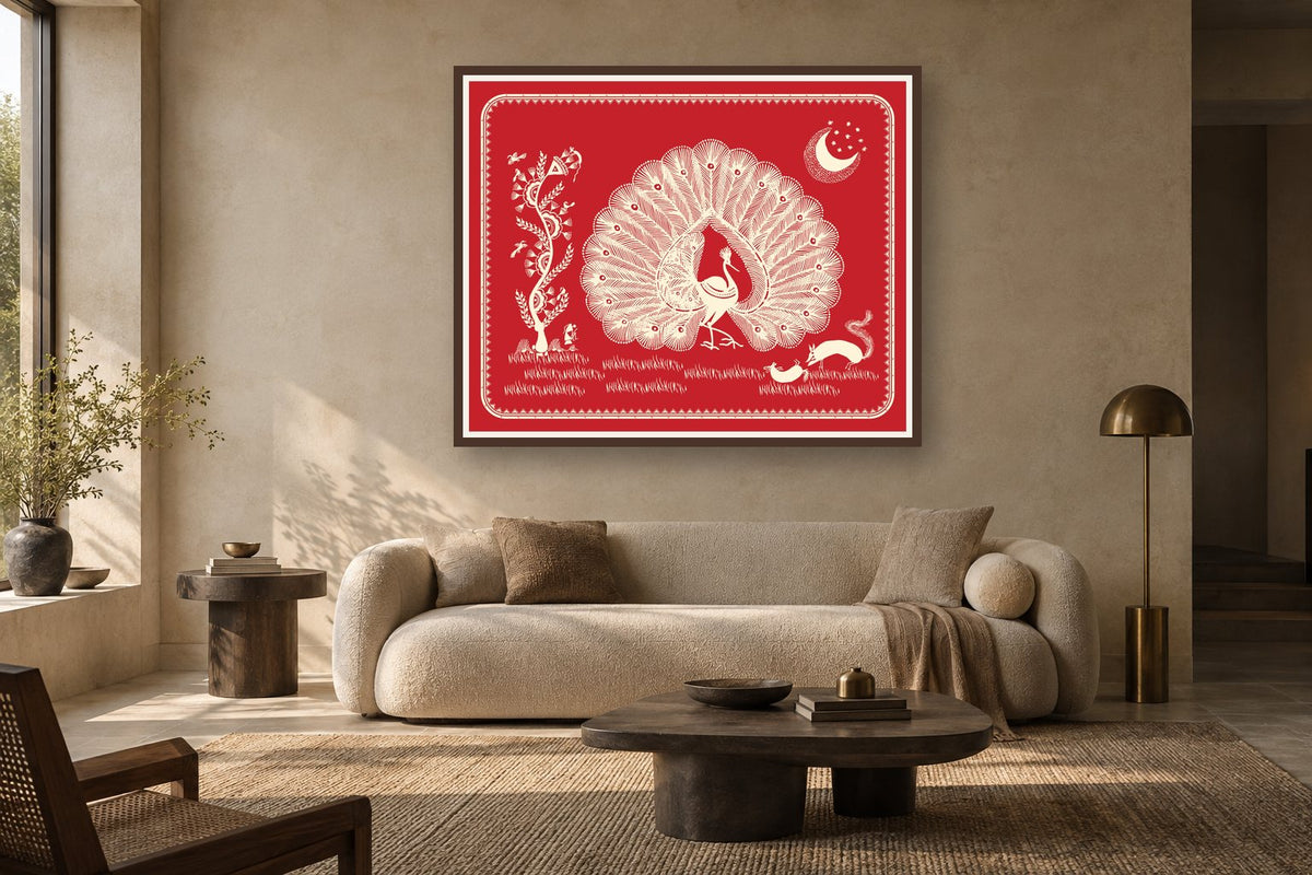 Moonlit Peacock Courtship styled in a living room