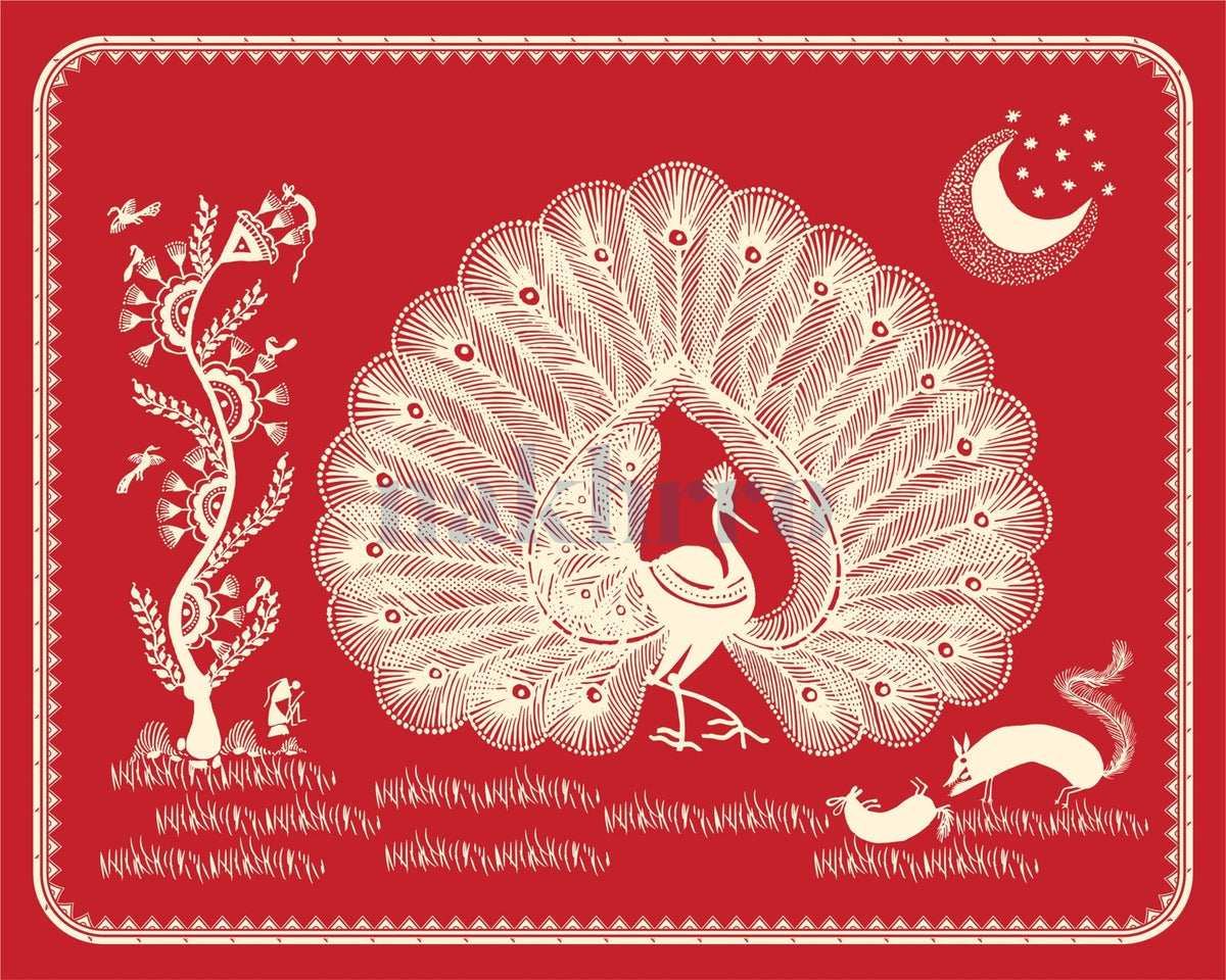 Moonlit Peacock Courtship — Warli museum-grade art print