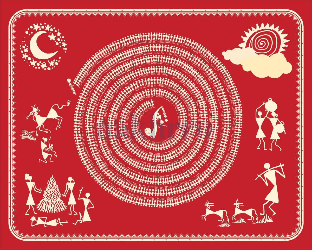 Moonlit Tarpa Dance — Warli museum-grade art print