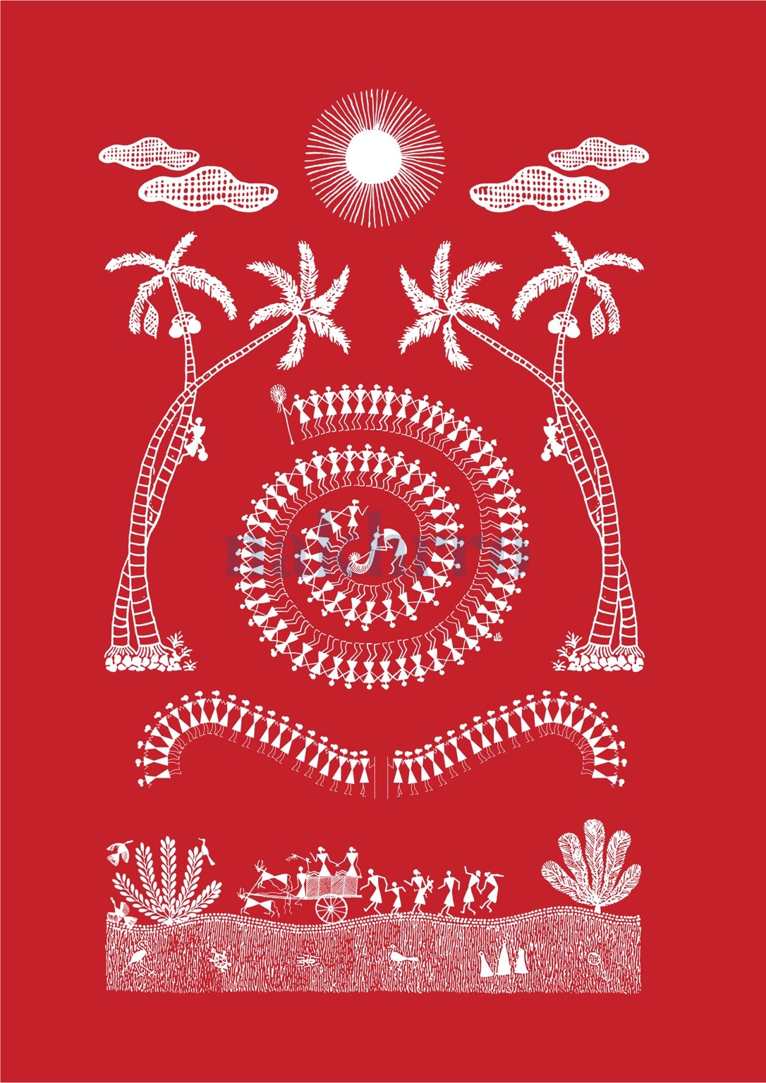 Palm Grove Tarpa Dance — Warli museum-grade art print