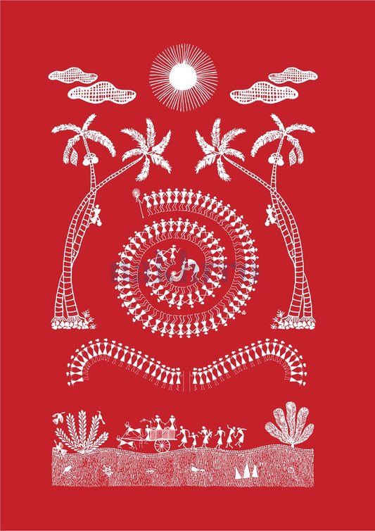Palm Grove Tarpa Dance — Warli museum-grade art print