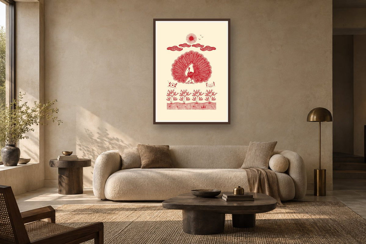 Peacock Beneath the Tree of Life styled in a living room