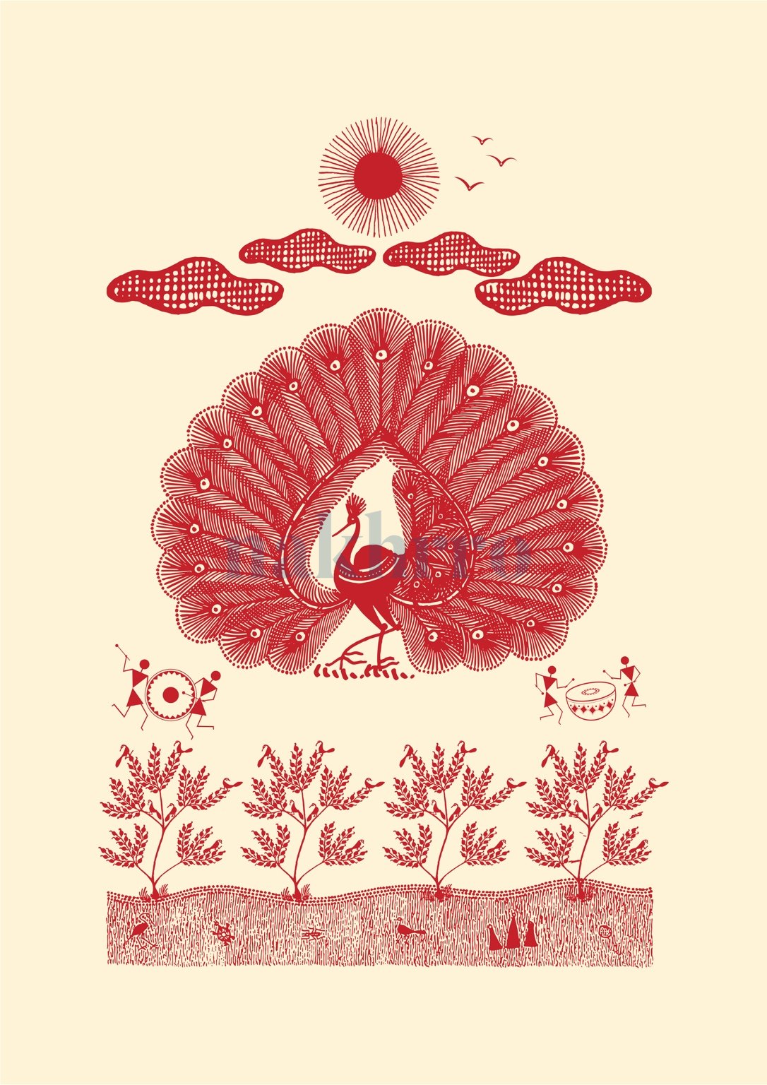 Peacock Beneath the Tree of Life — Warli museum-grade art print