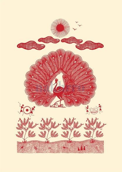 Peacock Beneath the Tree of Life — Warli museum-grade art print